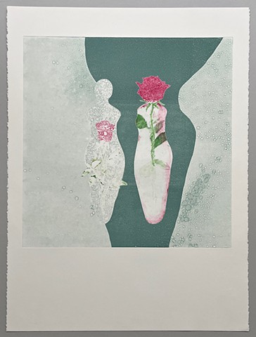 Monotype print with grey blue feminine shape behind two figures of women with rose images