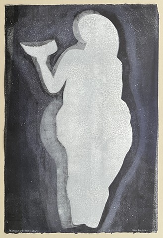 Laussel feminine figure holding horn against starry sky black silver