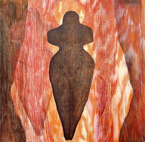 woman figures red yellow brown monotype printmaking woodcut