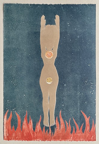 Modern day Nut in blue sky with the earth burning red printmaking monotype