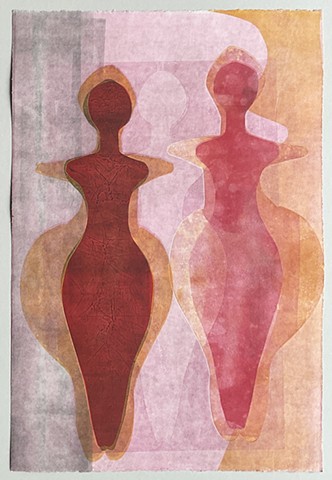 woman figures red yellow monotype printmaking