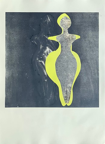 Venus goddess monotype, yellow figure, texture figure, and black background