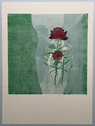 monotype print green blue gray background large rose on figure of women and rose stems