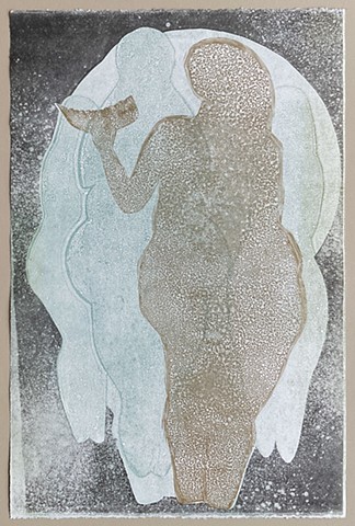 Gold Laussel female figure in front of moon and other women black blue