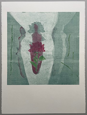 Monotype print with grey blue feminine shape behind figure of woman with rose images and rose stems