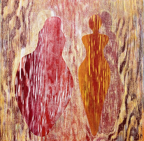 monotype woman red yellow orange woodcut