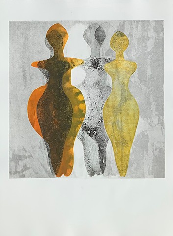 Venus goddess monotype print, multiple overlapping figures, texture, black, orange, yellow. paper and gray texture background