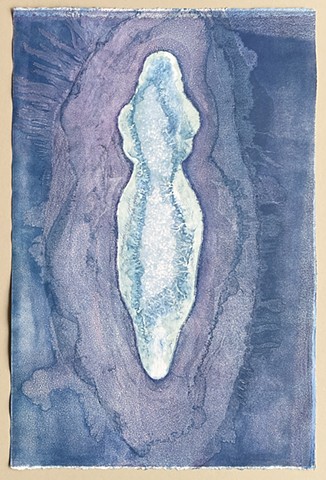 water blue woman figure monotype printmaking