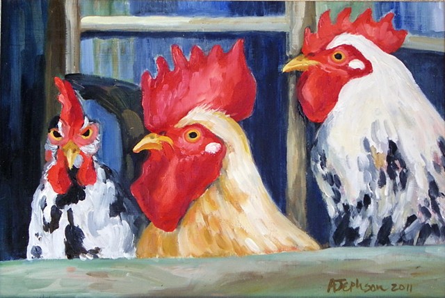 Two Roosters and Hen