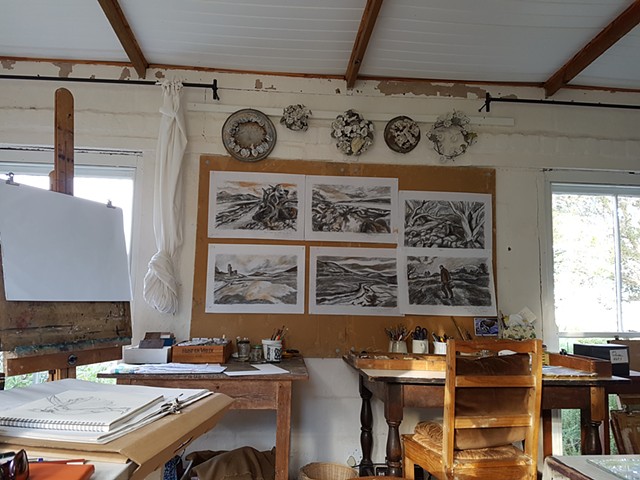 View of my studio with Scottish Highlands on the wall  