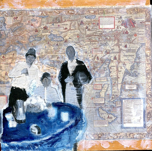 oil on wood with vintage photo & map