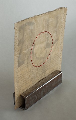 Lois Epperson-Gale, interstitial memory II (side view), Gray's Anatomy page, stained paper, thread, wax, steel, 2011