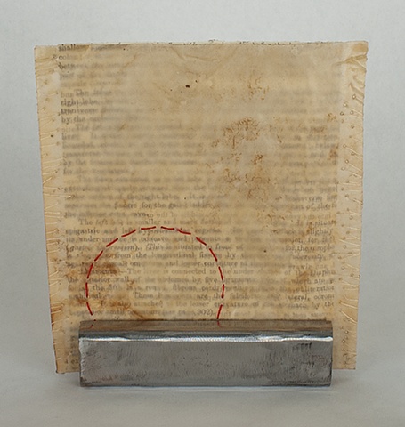 Lois Epperson-Gale, interstitial memory III, Gray's Anatomy page, stained paper, thread, wax, steel, 2011