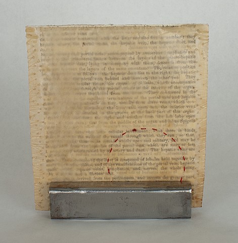 Lois Epperson-Gale, interstitial memory III (back view), Gray's Anatomy page, stained paper, thread, wax, steel, 2011