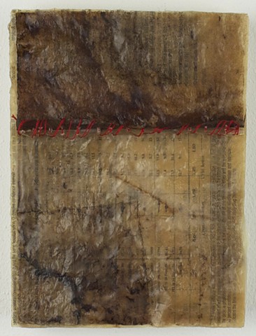 Lois Epperson-Gale, the metastasis of hope I, stained paper, pharmaceutical patient insert, wax, silk thread, poplar wood, 2013