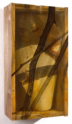 Lois Epperson-Gale, in situ III, assemblage (used pallette wood, found object, nails, orthochromatic film positive, shellac), 2009