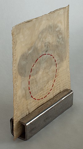 Lois Epperson-Gale, interstitial memory I (side view), Gray's Anatomy page, paper, thread, wax, steel, 2011