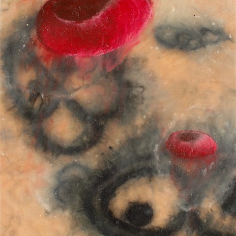 Lois Epperson-Gale, perichondrial memory XI, kozo paper, pastel, encaustic, birch wood, silk thread, steel frame, 2008