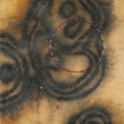 Lois Epperson-Gale, perichondrial memory III, kozo paper, pastel, encaustic, birch wood, silk thread, steel frame, 2011