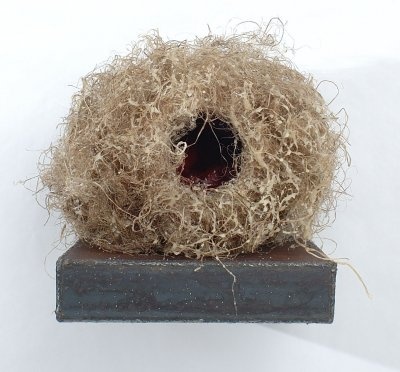 Lois Epperson-Gale, lacuna III, hemp, felted wool, thread, encaustic (cast & carved cells), oil, recycled steel, 2008 