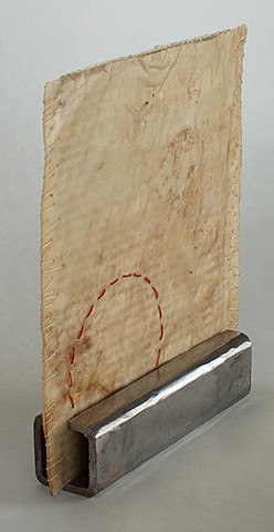 Lois Epperson-Gale, interstitial memory III (side view), Gray's Anatomy page, stained paper, thread, wax, steel, 2011