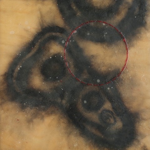 Lois Epperson-Gale, perichondrial memory V, kozo paper, pastel, encaustic, birch wood, silk thread, steel frame, 2011