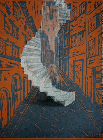 Wood block print by Lin Lisberger of climb up Duomo stairs into the cathedral dome in Florence