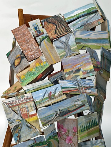 Wood and colored pencil "quilt" sculpture of places in Portland, Maine by Lin Lisberger in response to COVID 19 quarantine