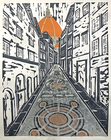Altered wood block print about il Duomo in Florence by Lin Lisberger
