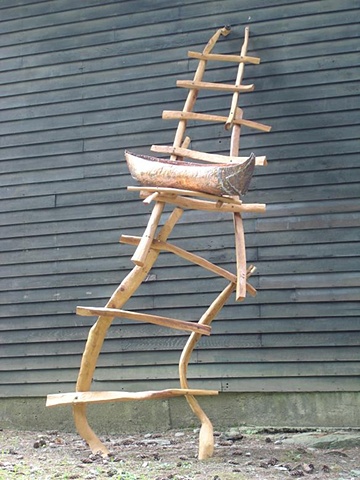 Wood sculpture of ladder and boat installed at Chesterwood by Lin Lisberger
