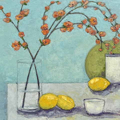 Still life with Flowering Almond branches and lemons