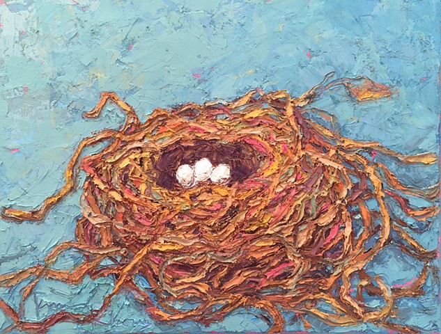 Birds nest painted with oil and cold wax using a knife