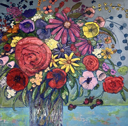 A big bouquet of fresh florals expressed in oil and cold wax medium. 