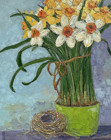 Original Oil Painting of Daffodils in a flower pot with an empty birds nest