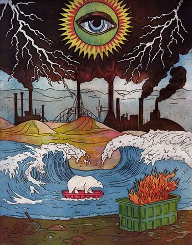 A scene where nature has beed destroyed by droughts and floods, a polar bear floats in a red boat while dumpster burns on shore.