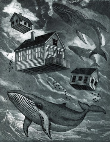 A black and white etching of whales and houses floating over the ocean's surface.