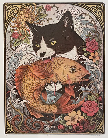 A colorful image of a black and white cat biting an orange koi fish.