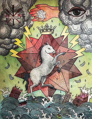 A colorful etching of a rearing grey horse