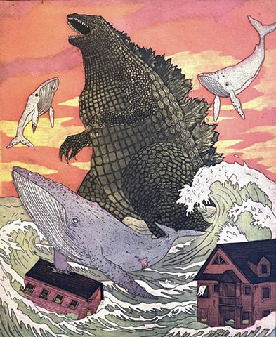 A colorful etching of godzilla strutting through the ocean while whales float in the air around him.