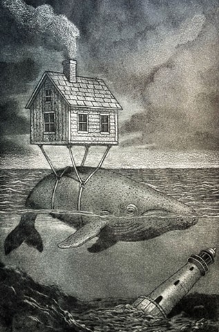 A black and white image of a a whale tethered to a house that floats above the ocean waves.