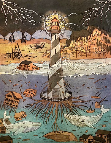 a colorful etching of a light house emerging from the ocean, the bottom of the lighthouse has tree like roots.