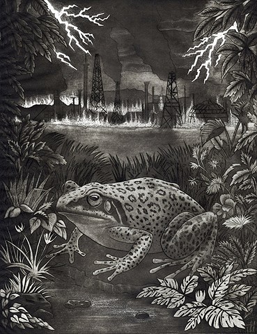 A black and white etching of a leopard frog in the midst of a burning environment.