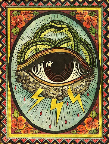 A colorful etching of an all seeing eye surround by a snake and storm clouds with golded lightening strikes.