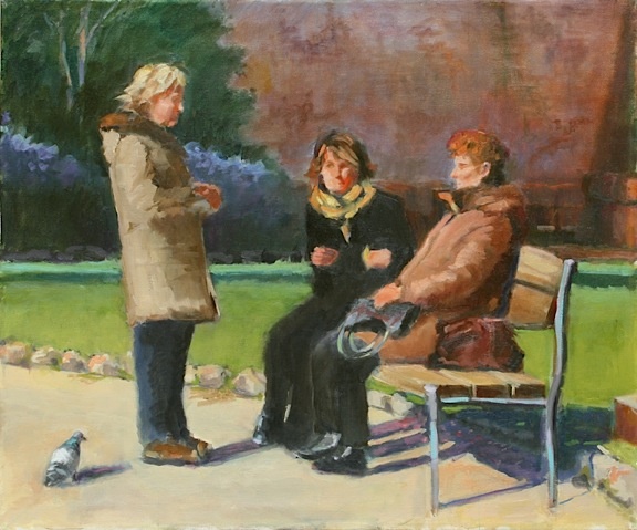 shelley lowenstein abstracted realism oil gesture figurative painting gossiping old women in italy park