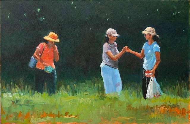 shelley lowenstein oil gesture figurative painting plein air three women eating strawberries butlers orchard