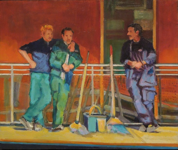 lowenstein oil paintings cinque terre italy three janitors maintenance workers train station