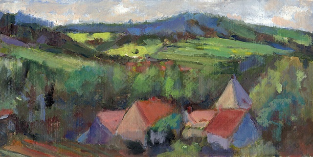 shelley lowenstein plein air oil painting landscape burgundy france village and vineyards