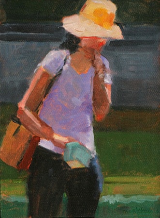 lady eating strawberry in field oil gesture figurative painting plein air  shelley lowenstein
