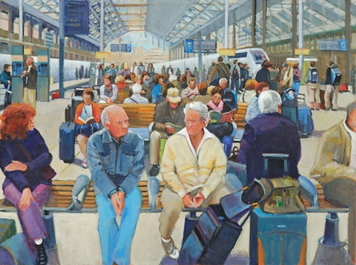 lowenstein artist oil people sitting on benches waiting in Paris train station