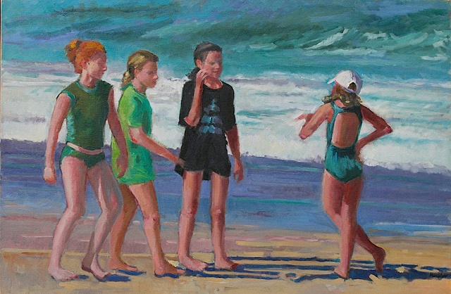 shelley lowenstein oil gesture figurative painting four girls on beach narrative waves